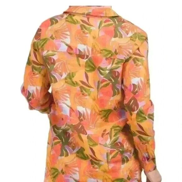 C&C CALIFORNIA Linen Shirt Roll Tab Sleeve‎ Starburst Tropic Print Top SZ small - Picture 2 of 5